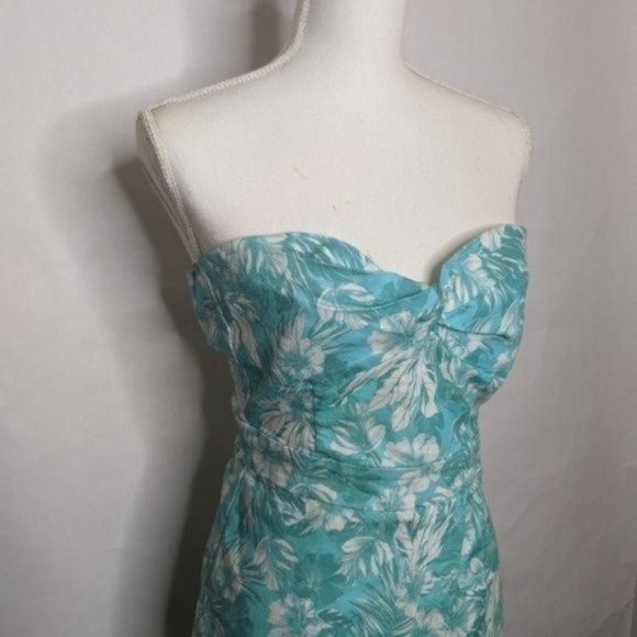 SUITE BLANCO DRESS HAWAIIAN STRAPLESS FITS SMALL TEAL BLUE TROPICAL VACAY DENIM - Picture 3 of 10